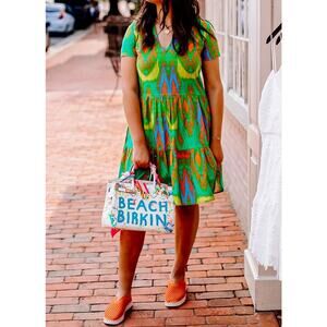 La Plage Alison Green Orange Ikat Cotton Pocket Dress Women’s Large